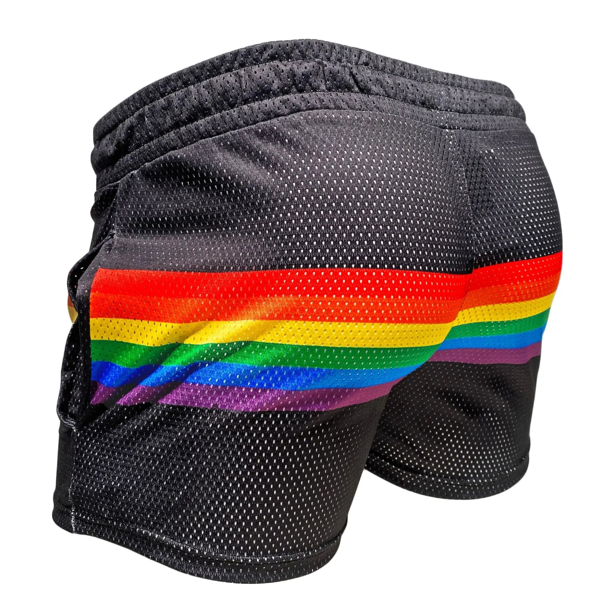 Black mesh shorts with a vibrant rainbow stripe across the back featuring breathable mesh material