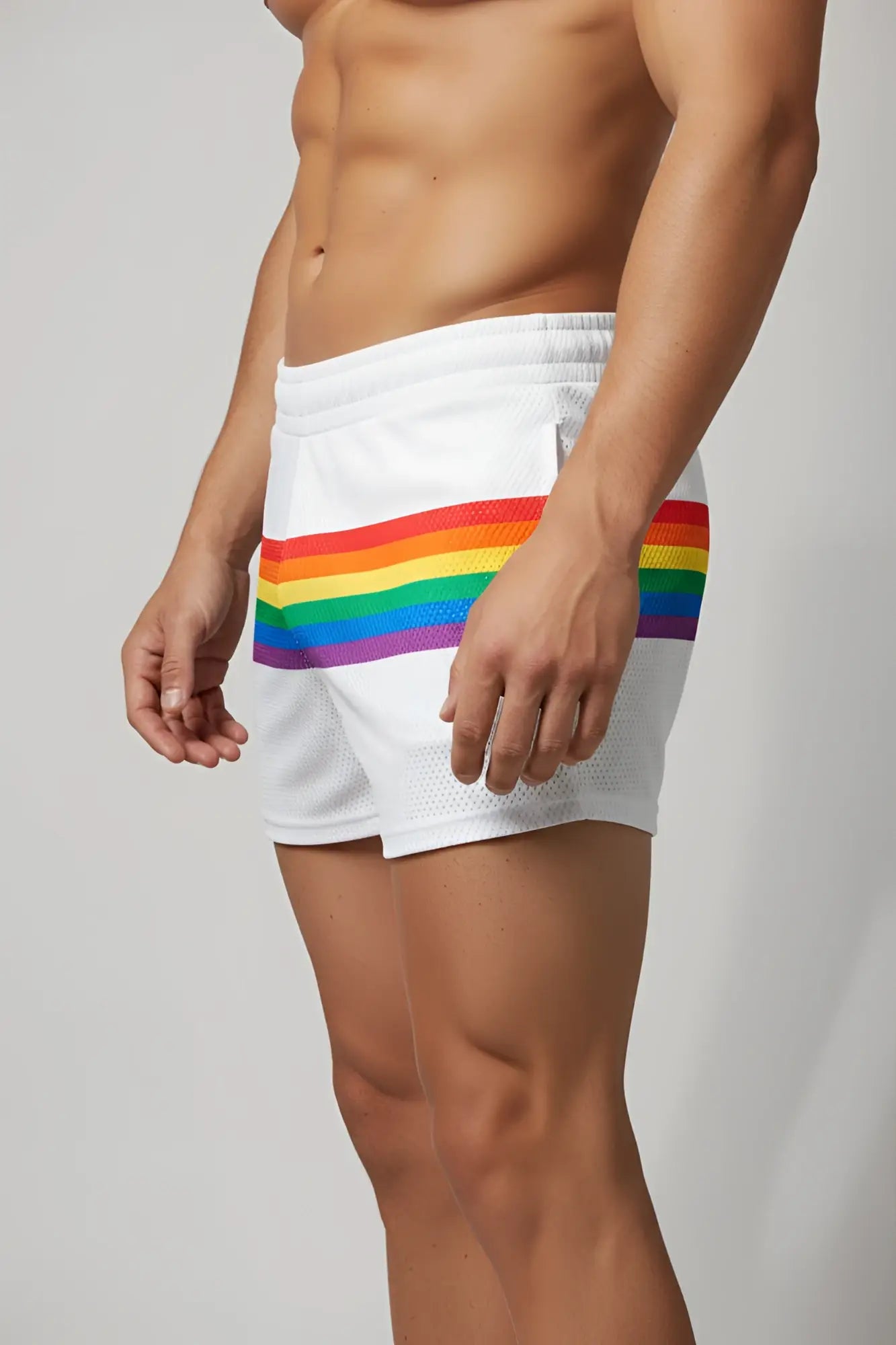 White knobs sf athletic shorts with bold rainbow stripe made from breathable mesh fabric for active wear