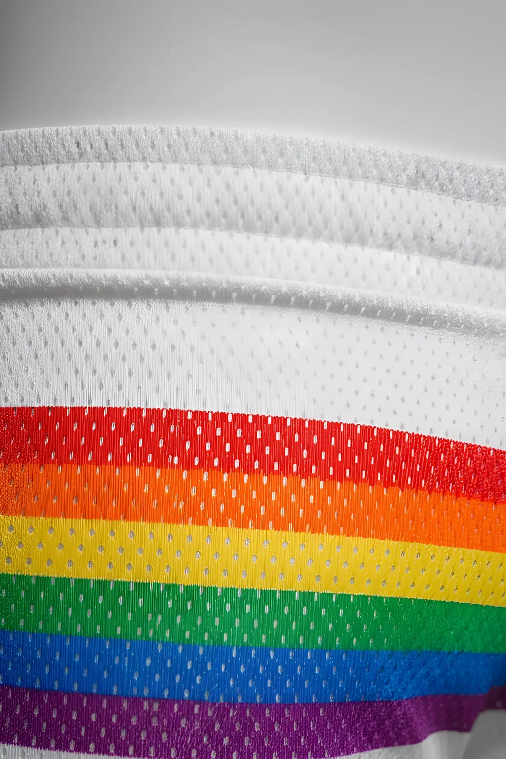 White mesh athletic shorts by KNOBS SF featuring bold rainbow stripes in red orange yellow green blue and purple