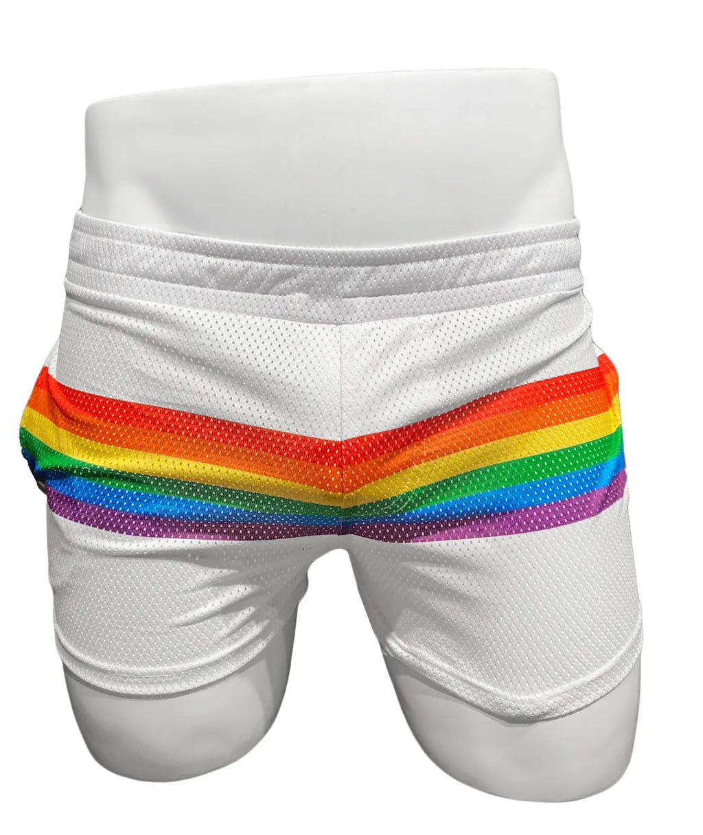 White mesh athletic shorts with a bold horizontal rainbow stripe across the waistband called Rainbow Stripe Mesh Shorts