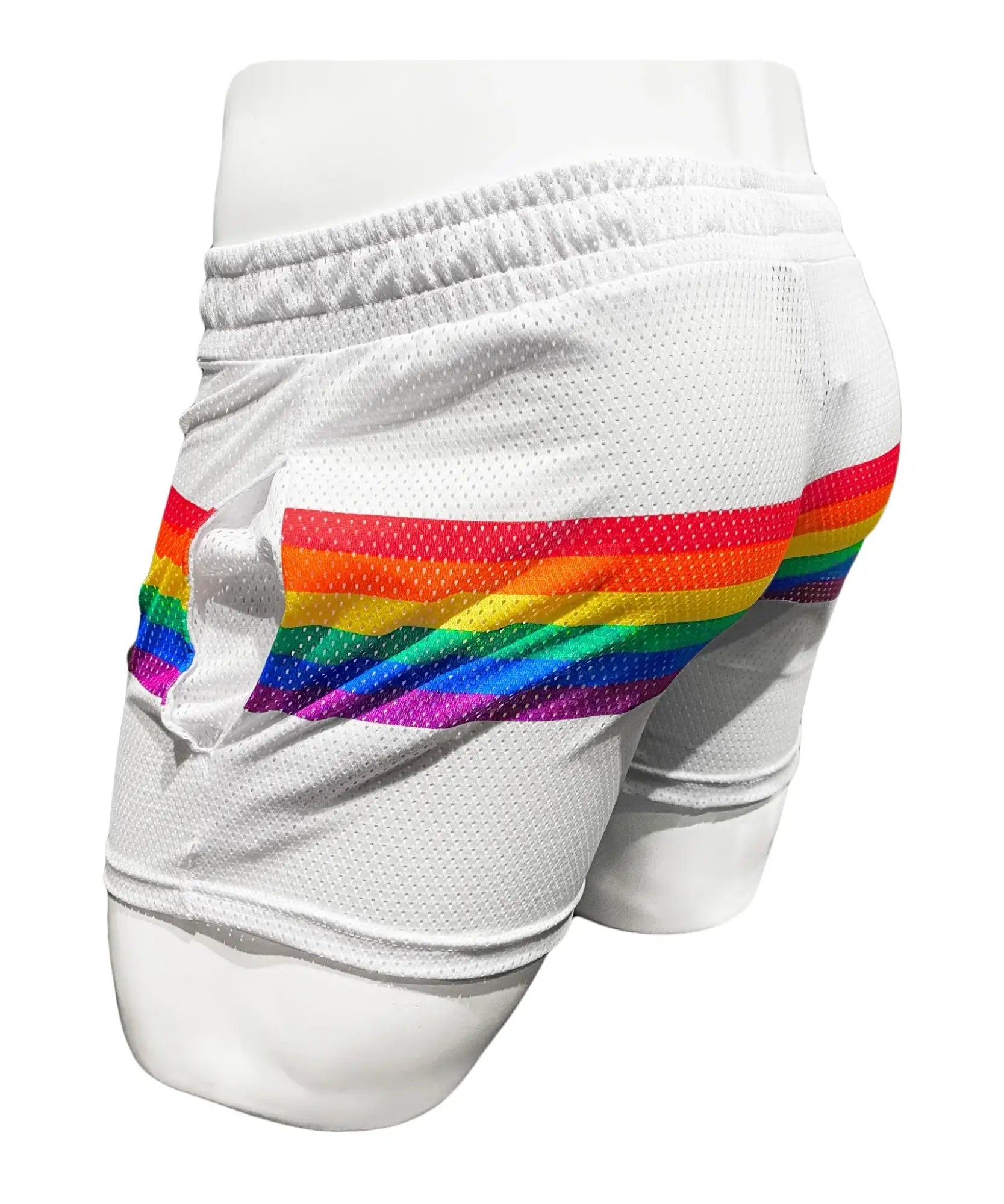 White mesh athletic shorts with a vibrant rainbow stripe across the back side for activewear use