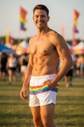 White knoBS sf rainbow stripe mesh shorts with vibrant rainbow waistband stripe for athletic use