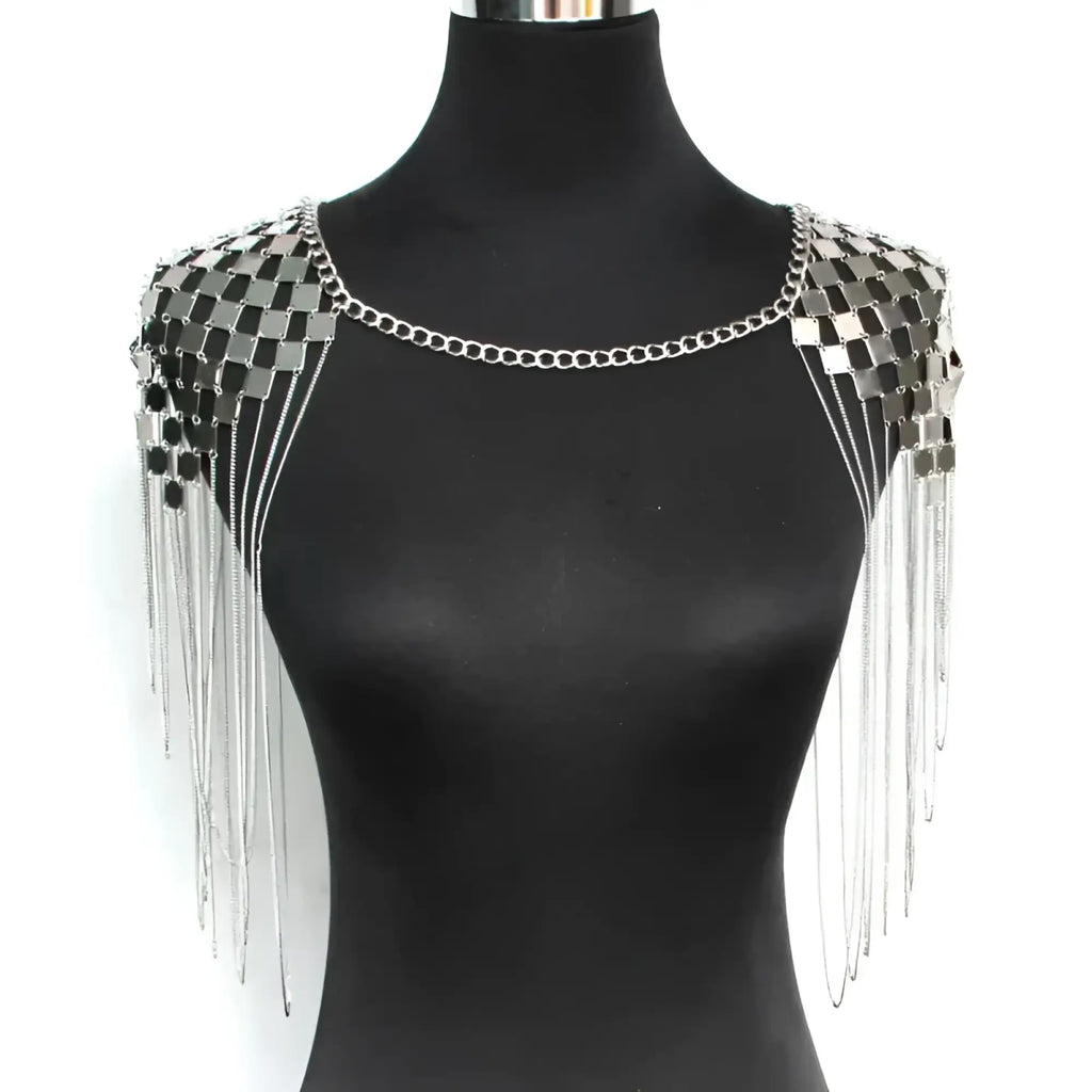 Silver metallic shoulder tassel necklace with reflective square plates and dangling chain details