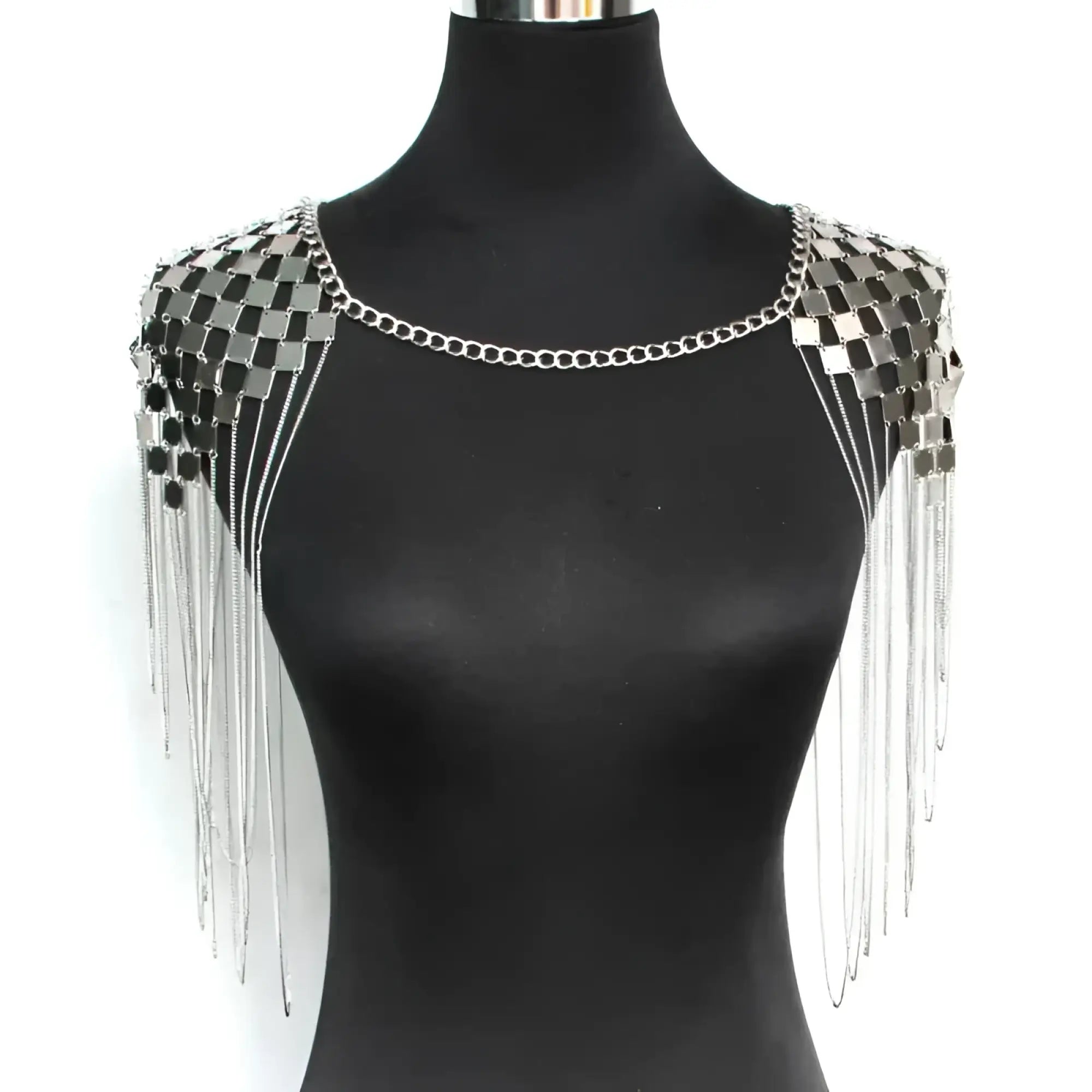 Silver metallic shoulder tassel necklace with reflective square plates and dangling chain details
