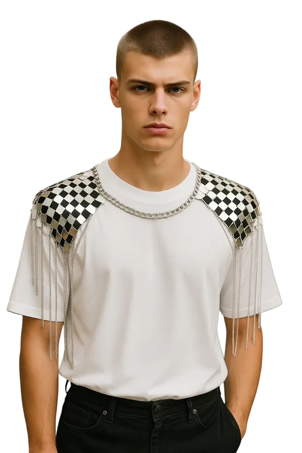 White t-shirt with black and silver checkered shoulder panels and dangling chains styled as shoulder tassel necklace