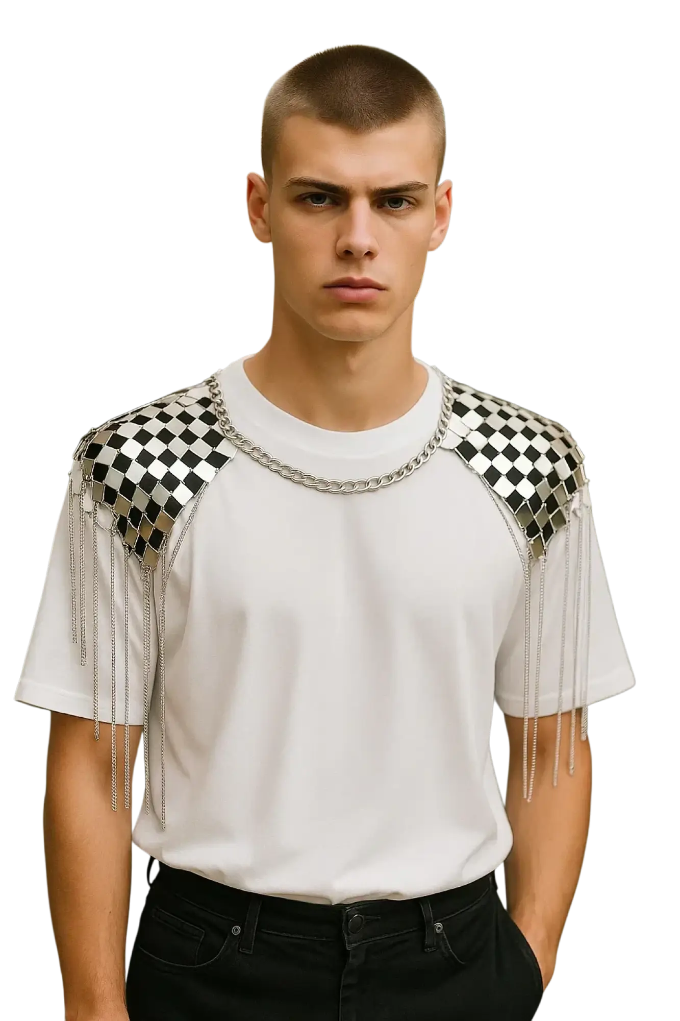 White t-shirt with black and silver checkered shoulder panels and dangling chains styled as shoulder tassel necklace