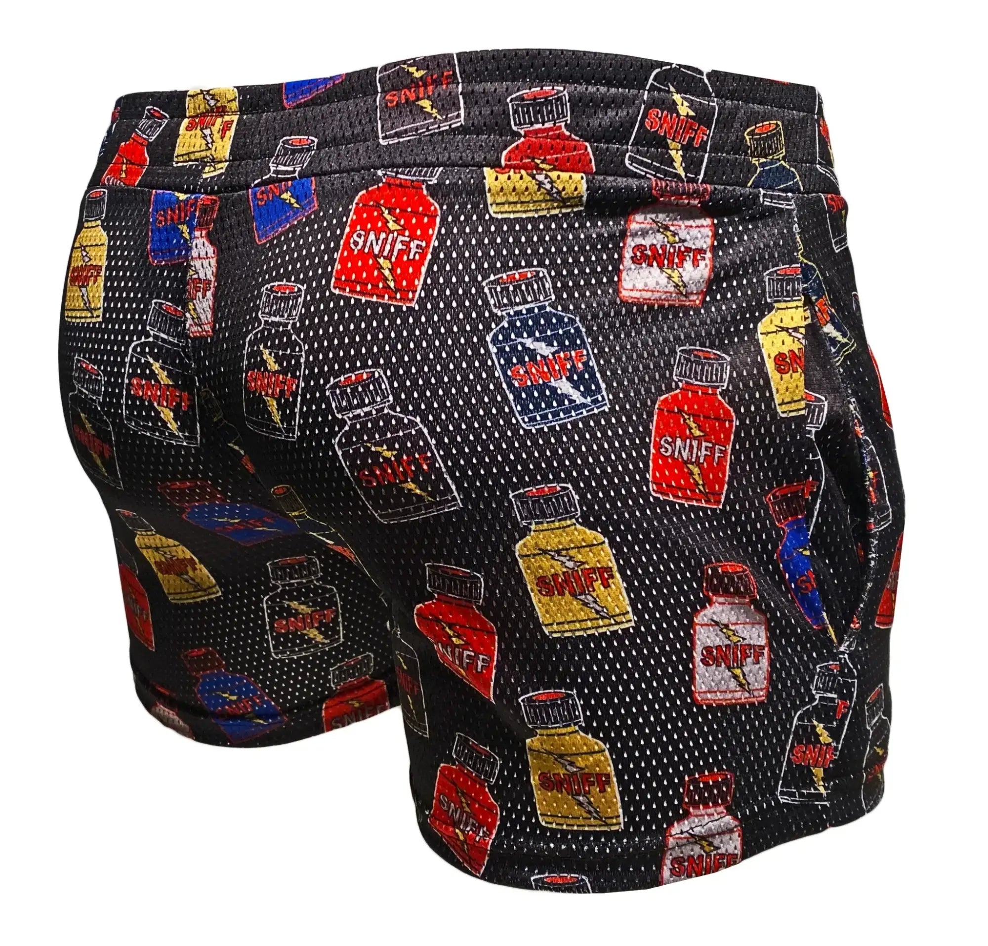 Black mesh sniff print booty shorts with bold red yellow and blue spray bottle pattern on the front