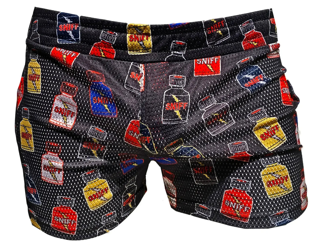 Black mesh sniff print booty shorts with colorful cartoon sniff bottle pattern in red yellow and blue