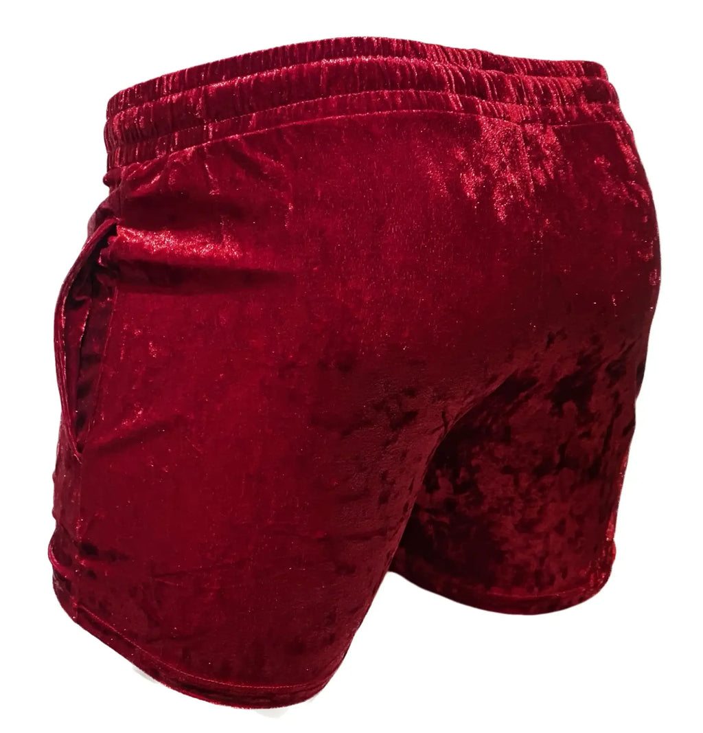 Velvet pocket shorts in rich burgundy with plush textured fabric and elastic waistband for comfortable wear