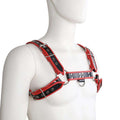 Knobs SF Contrast Trim Harness in black with red trim, silver buckles, eyelets, and a center D-ring on a mannequin.