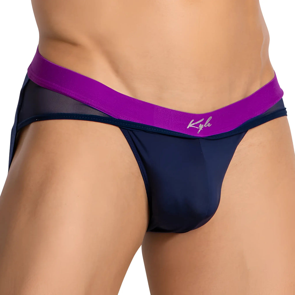 Navy blue and purple mesh Kyle kle010 jockstrap briefs with satin waistband featuring kyl logo in front view