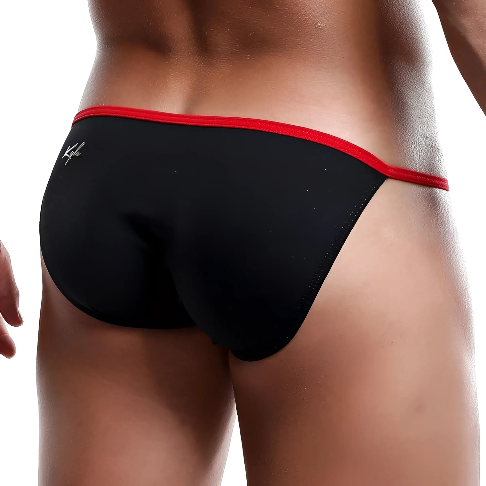 Black kipkay thong with red trim shown from the back in a Kyle KLI019 bikini brief style