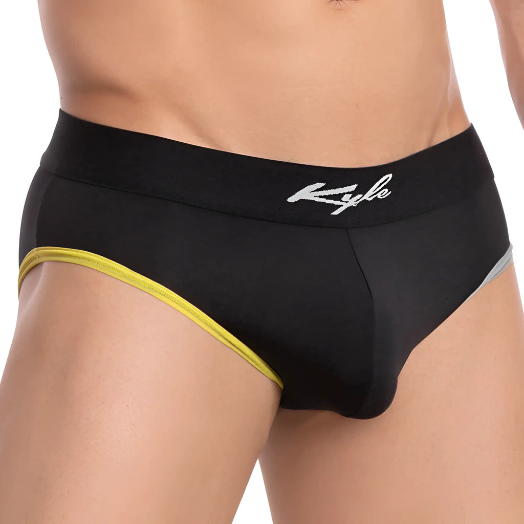 Black kyyle men’s bikini briefs with yellow and gray trim featuring comfortable breathable fabric