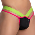 Black and neon pink kyle kli037 bikini brief thong with lime green straps featuring a sleek design front view