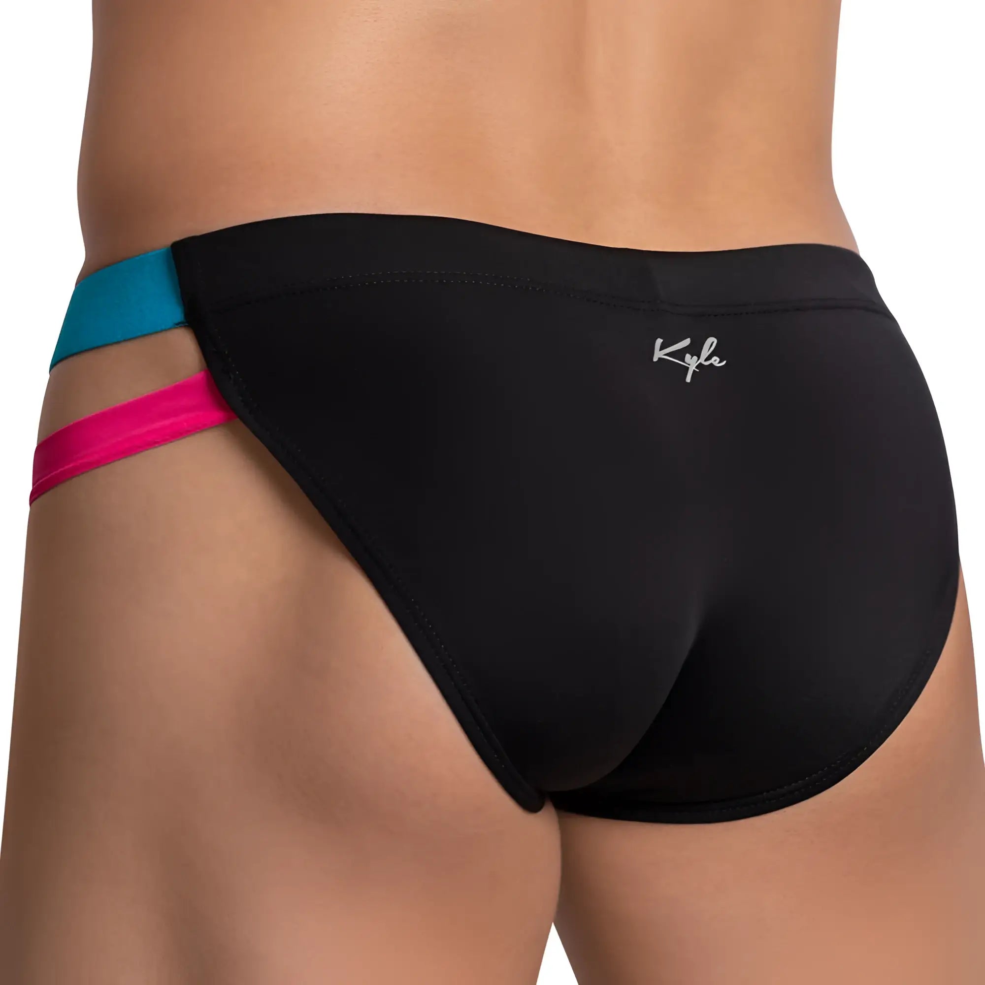 Black kyla brand swim trunks kli039 bikini brief with vibrant teal and pink side stripes for swimwear use