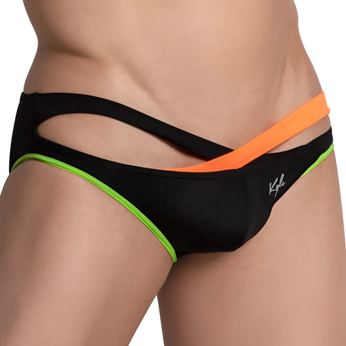 Black men’s swim trunks kyle kli041 bikini brief with neon green and orange accent stripes for beachwear