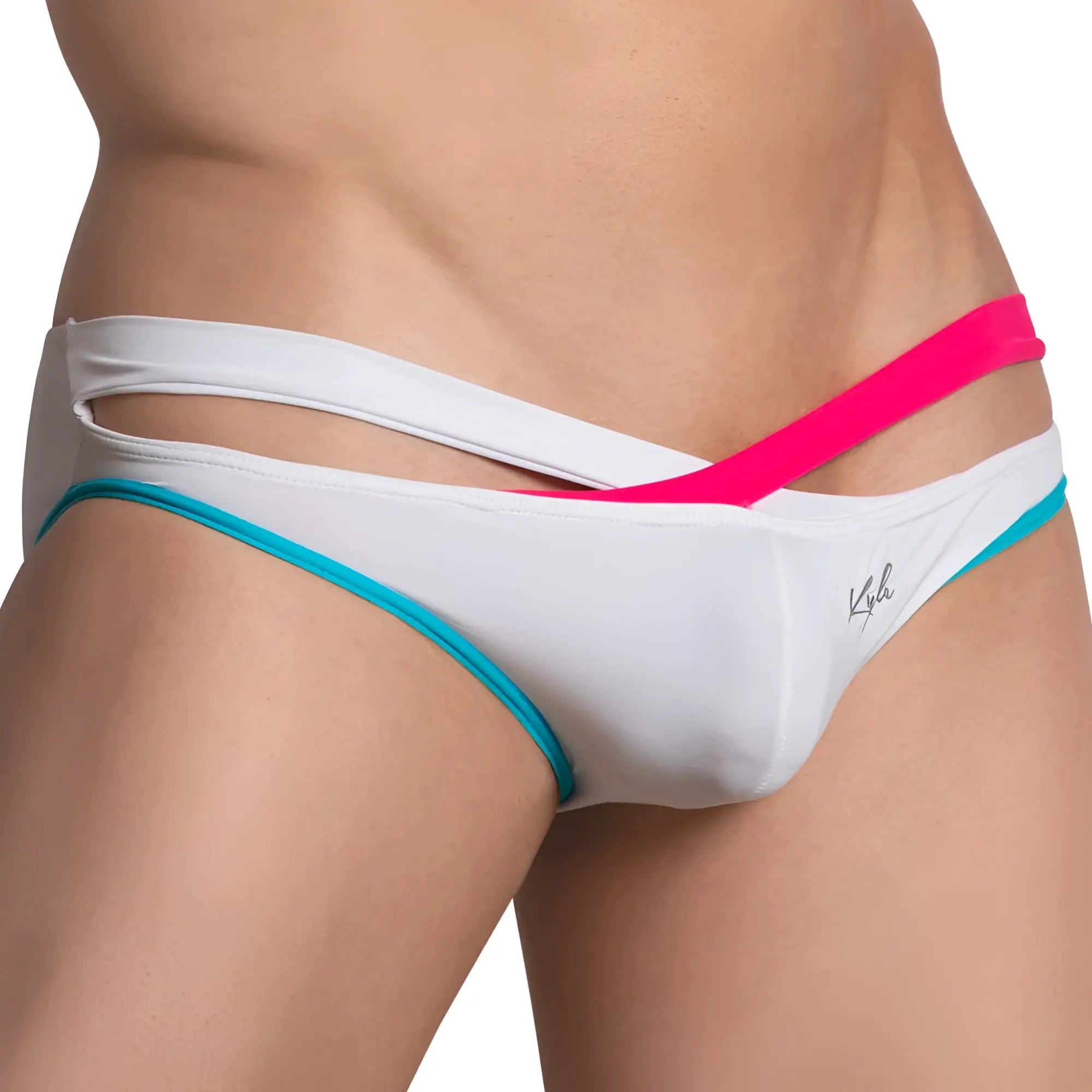 White kyle kli041 bikini brief with vibrant pink and teal trim and a distinctive cutout design
