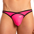 Bright pink men’s thong with black trim and white Kyla logo Kyle KLK016 thong front view