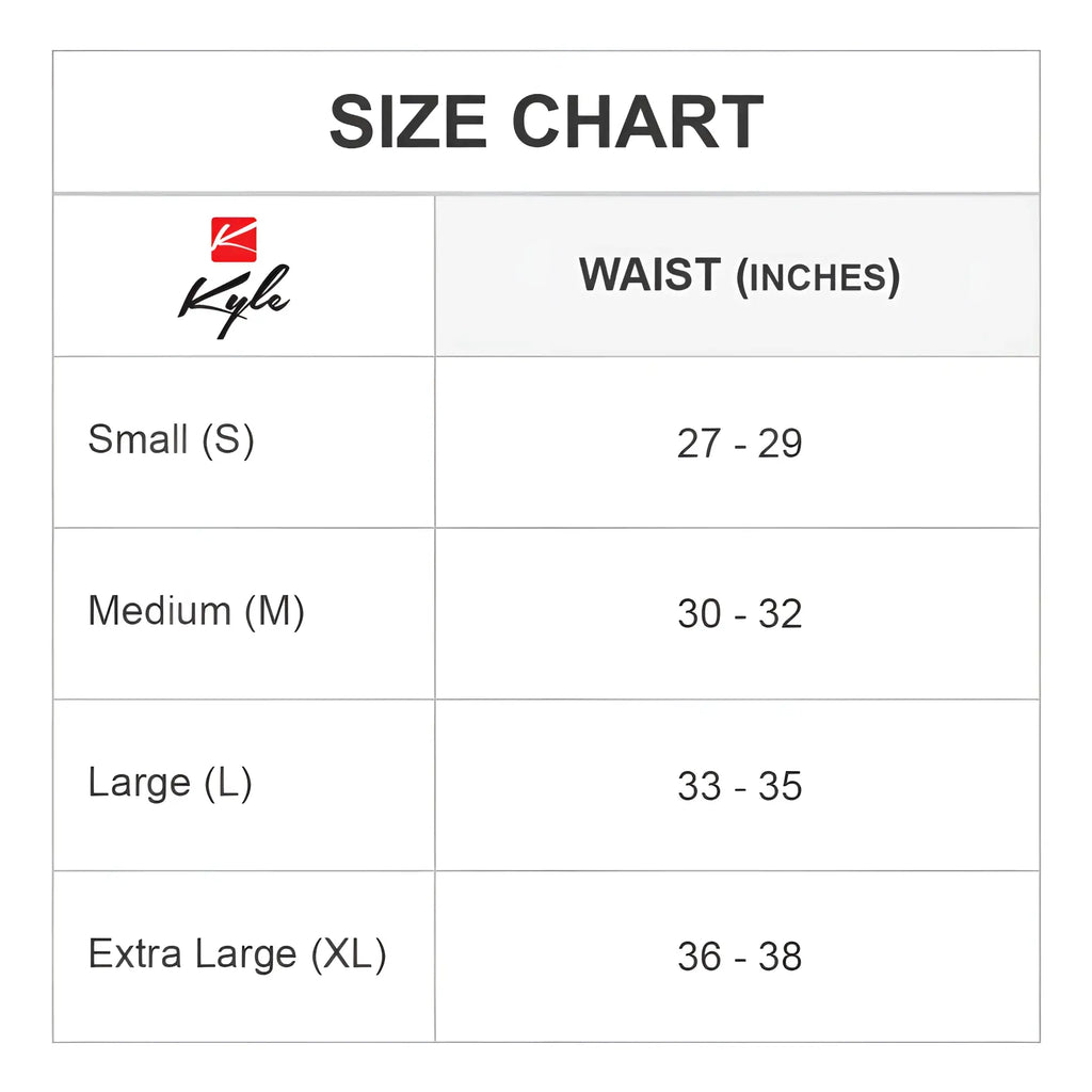 Kyle kll016 g-string waist size chart showing measurements for comfortable fit of this black elastic thong underwear