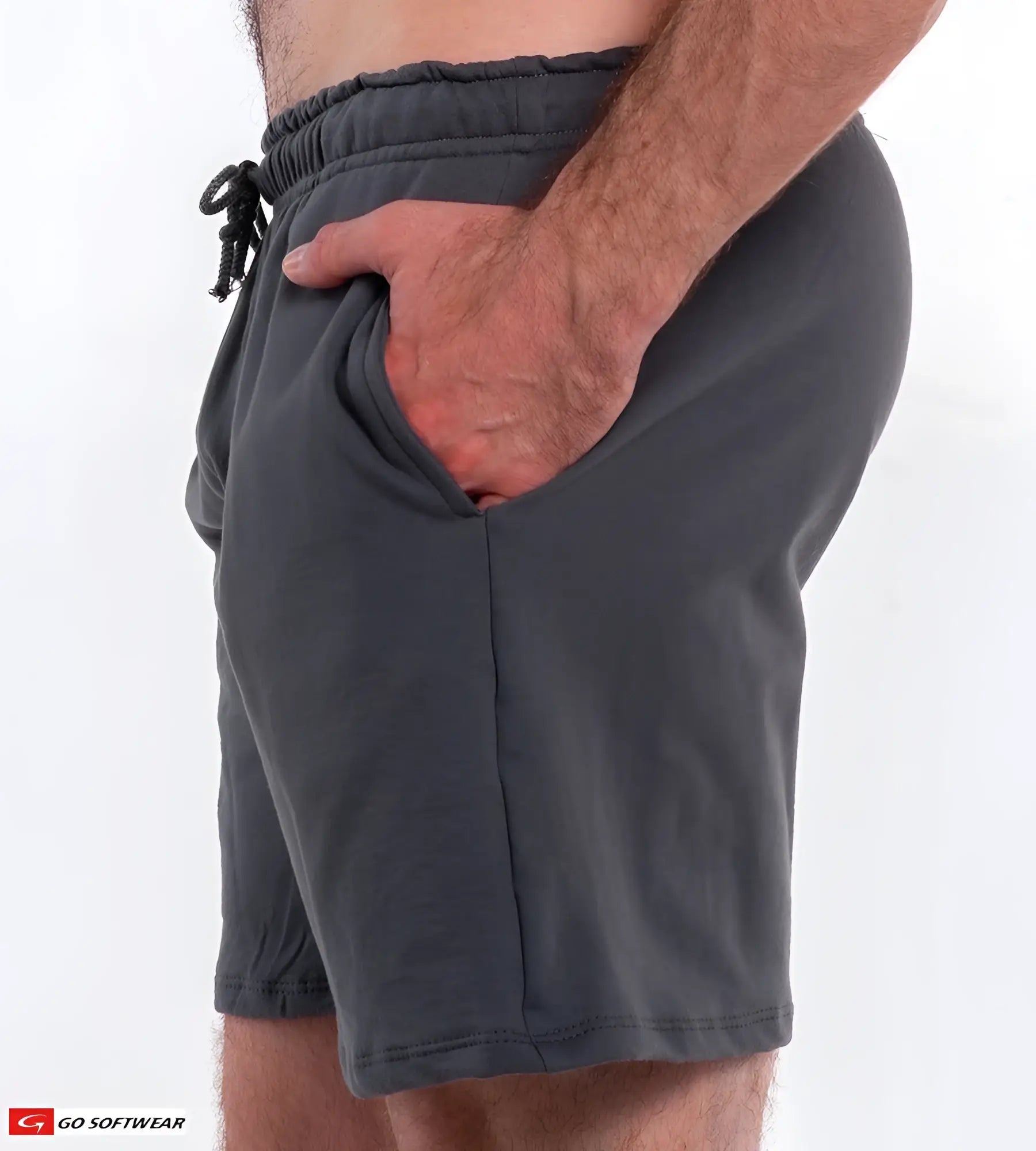 Dark gray l a wash french terry short with soft texture elastic waistband and drawstring for athletic use