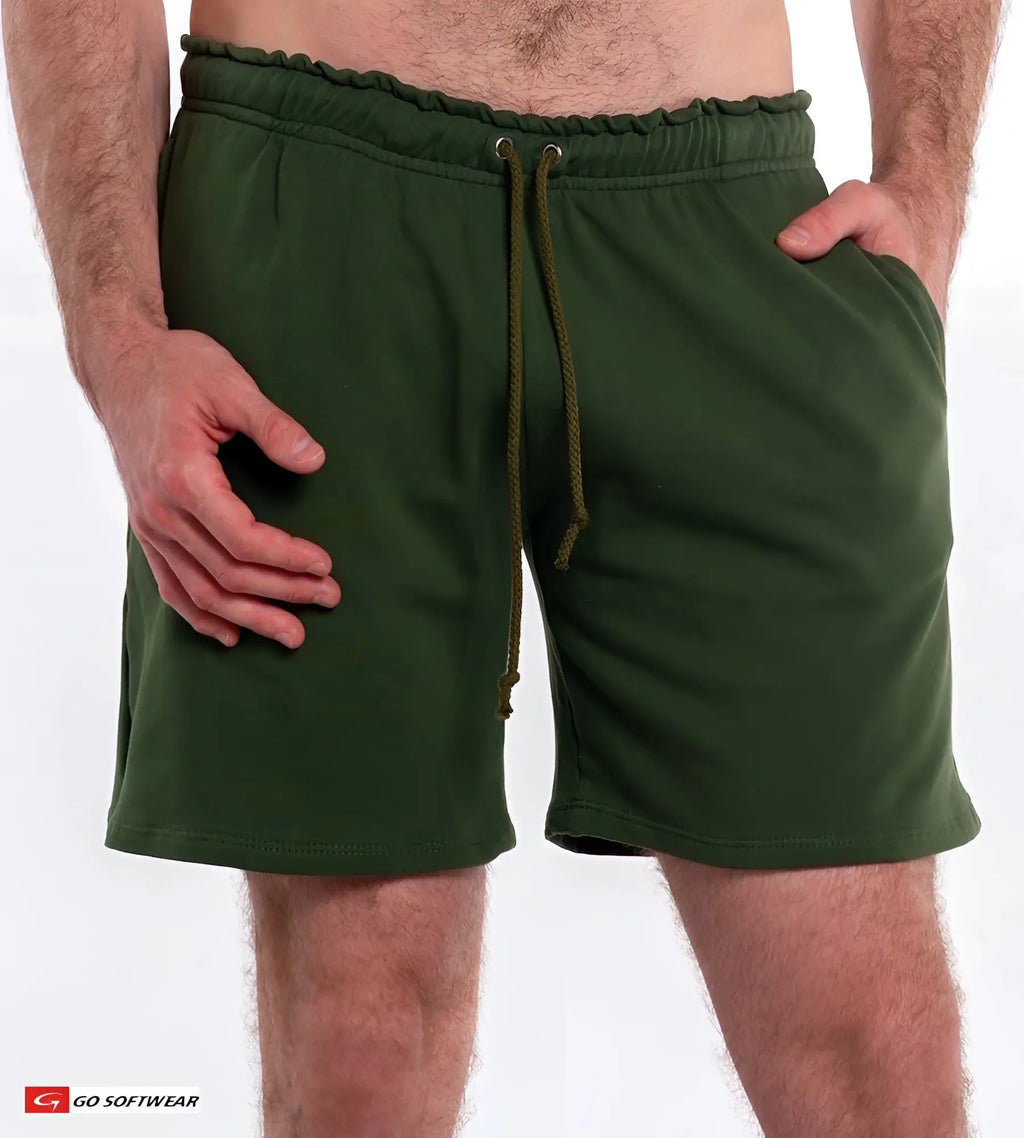 Dark green l a wash french terry short with comfortable fit elastic waistband and matching drawstring for athletic use