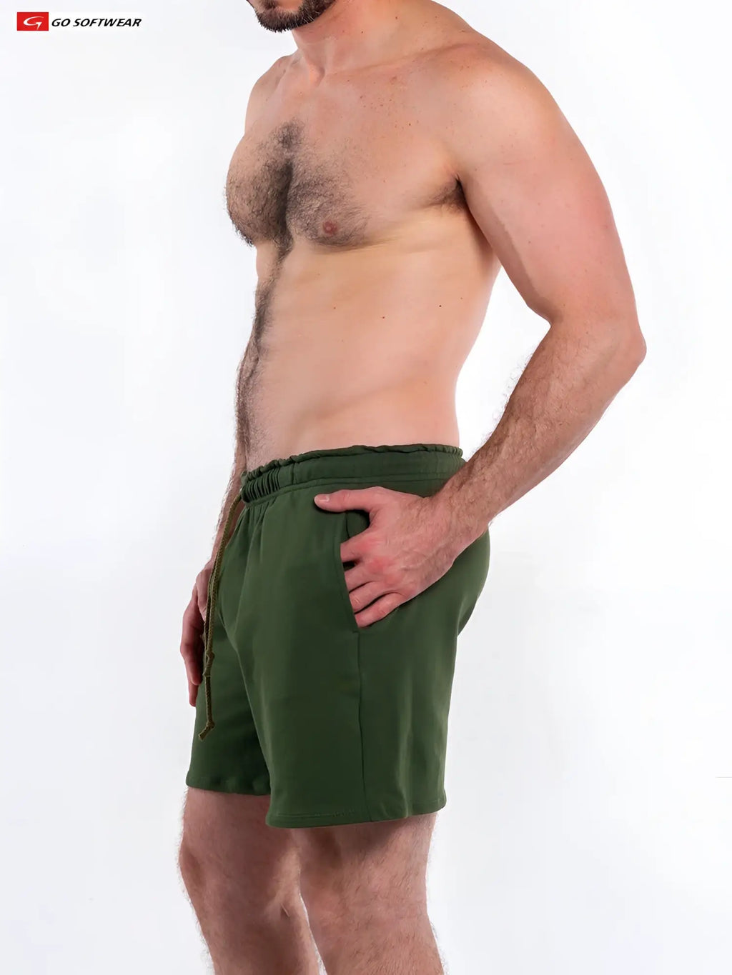 Men’s olive green L A Wash french terry shorts with elastic waistband and side pockets for athletic use