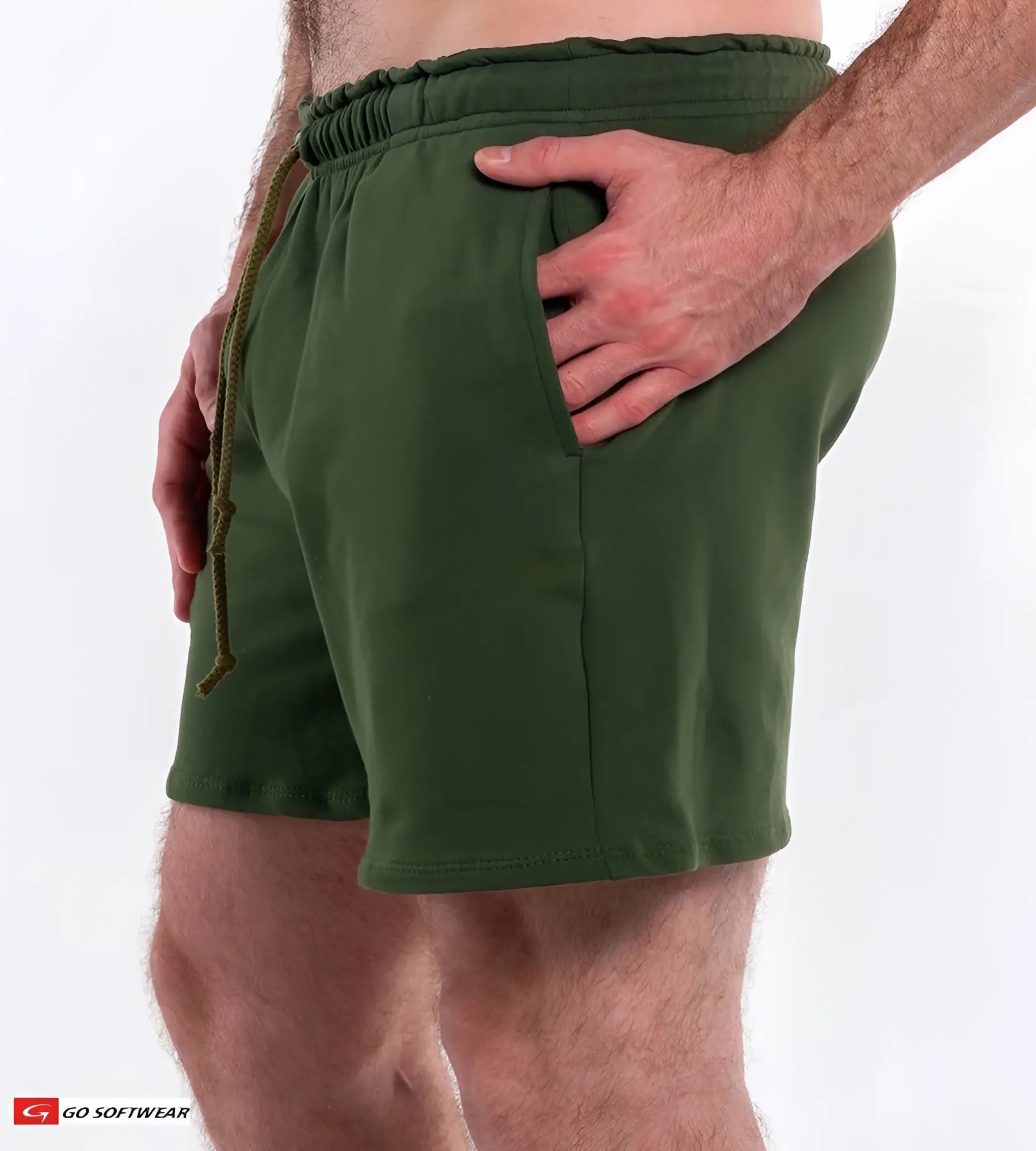 Olive green L A Wash French Terry shorts with elastic waistband and matching drawstring made of cotton
