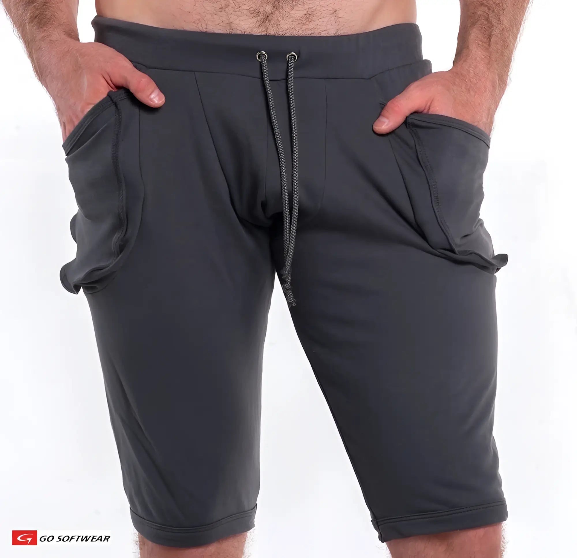 Dark gray l a wash yoga shorts made of soft fabric with side pockets and a drawstring waistband