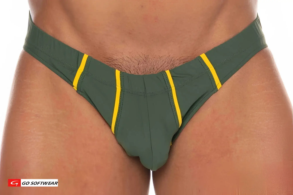 Dark green la palma buns bikini swim briefs with bold yellow side stripes designed for athletic use