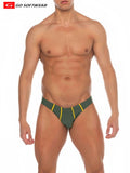 Dark green la palma buns bikini swim trunks with bold yellow side stripes for beachwear and swimming use