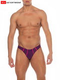 Purple and neon pink La Palma Buns Bikini Swim athletic briefs with a sleek form-fitting design from go softwear shown from the back