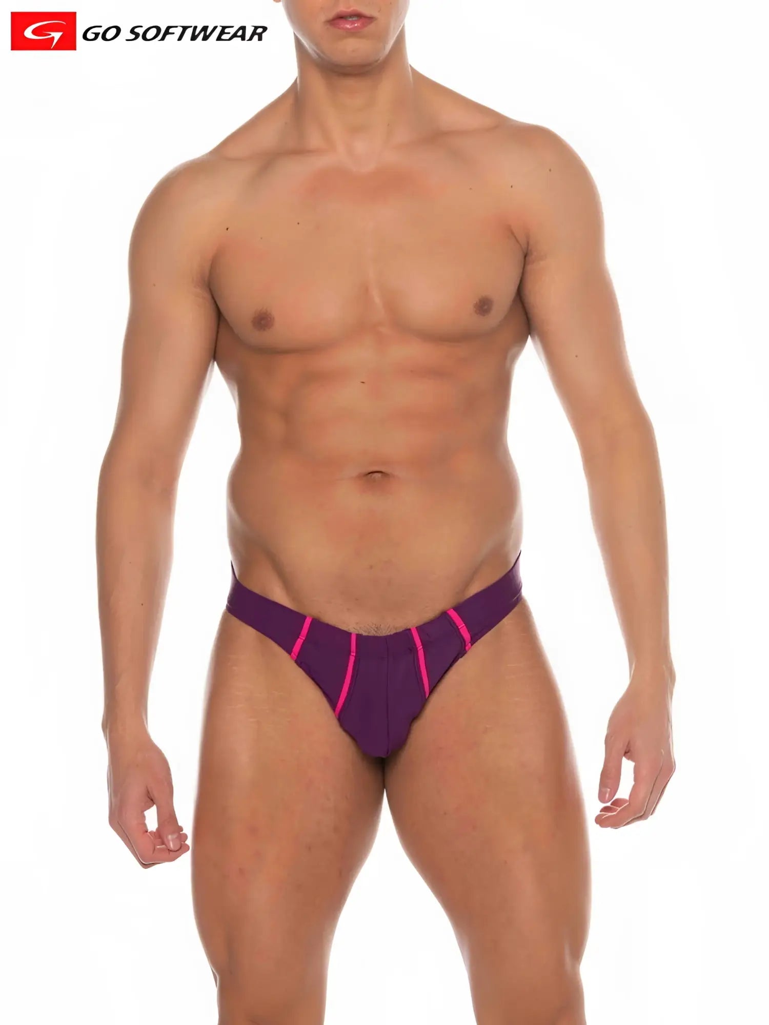 Purple and neon pink La Palma Buns Bikini Swim athletic briefs with a sleek form-fitting design from go softwear shown from the back