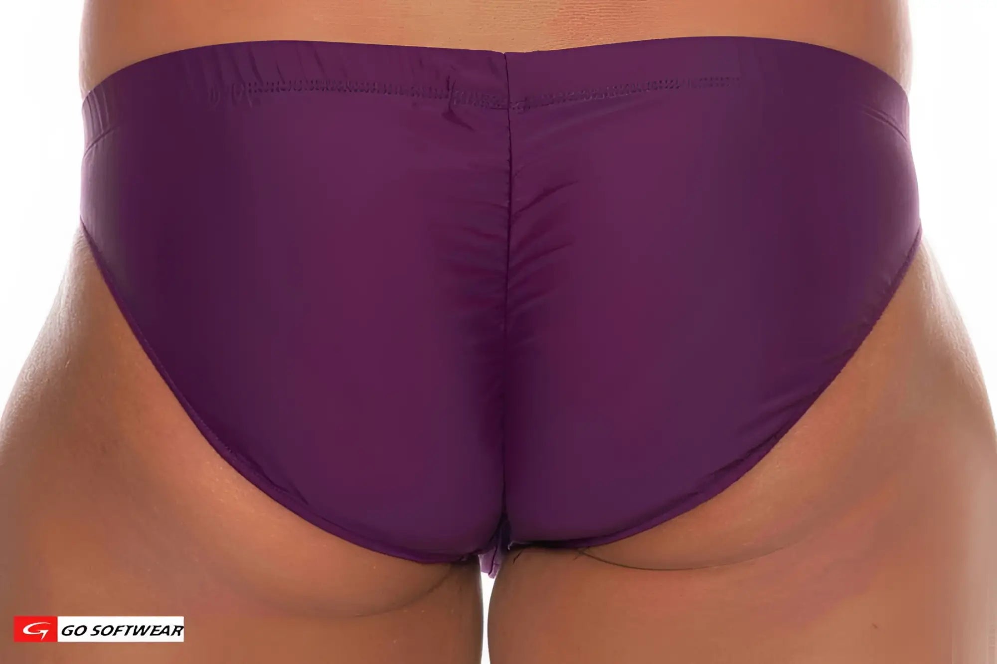 Purple satin la palma buns bikini swim briefs with smooth glossy finish and tailored fit shown from the back side