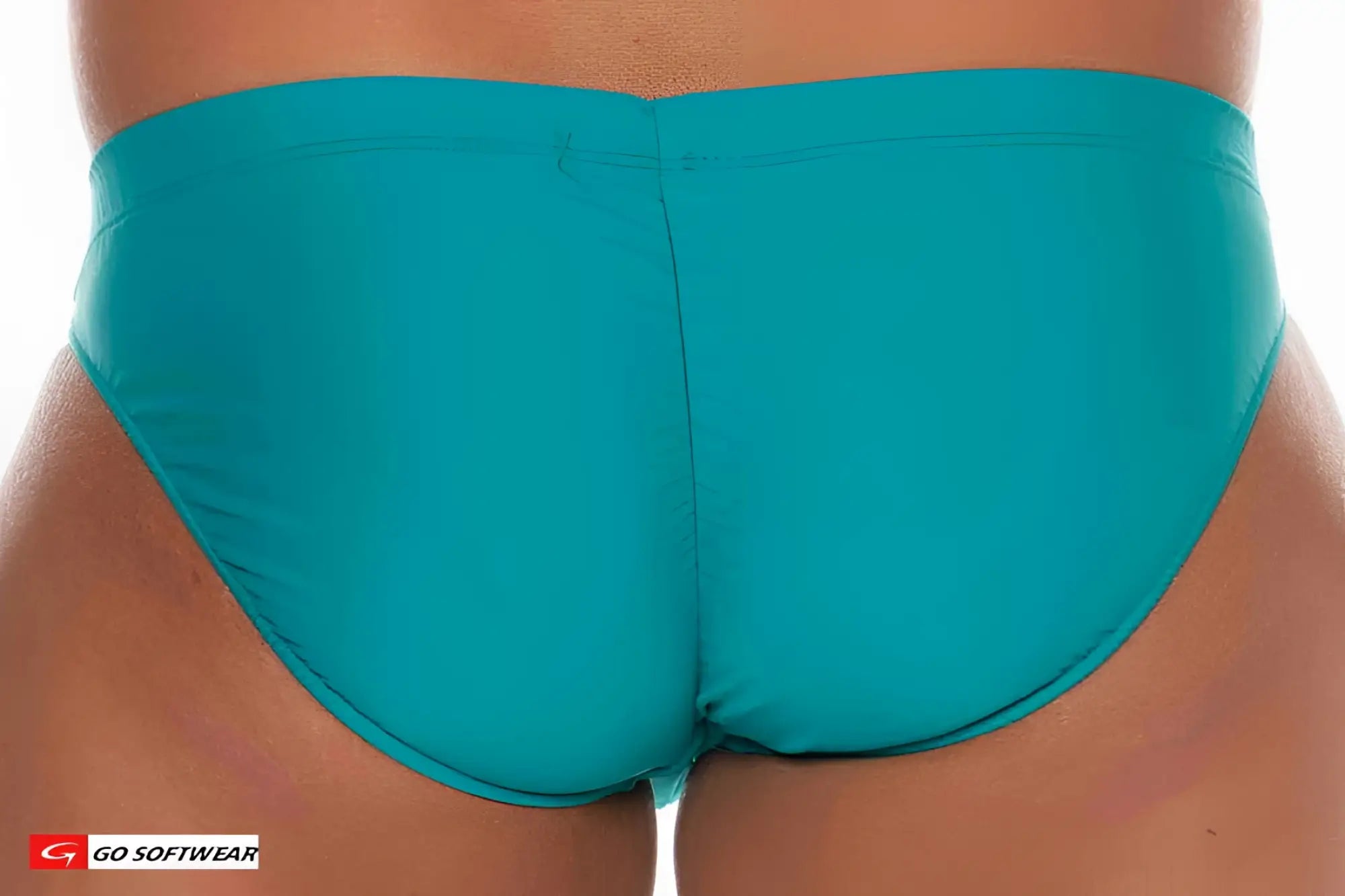 La Palma Buns Bikini Swim teal form-fitting swim trunks made of smooth stretchy fabric shown from the back side