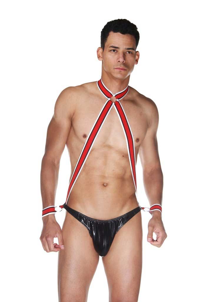Disfraz de bondage con espalda abierta y tirantes de LaBlinque, color negro y rojo, 15534, talla L