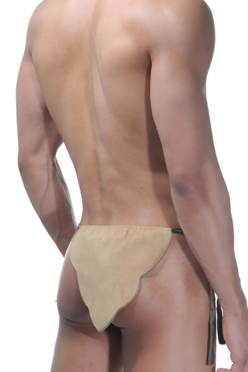 Tan suede-like fabric briefs with scalloped edge and dark trim la blinque tarzan tie side loincloth underwear camel size s