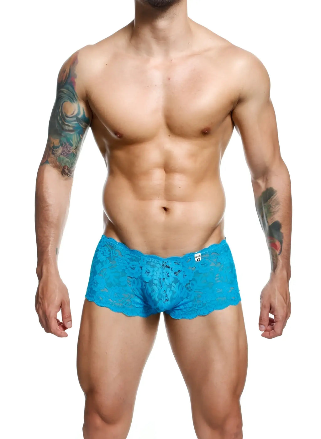 Bright blue lace boxer short with scalloped edges designed as men’s briefs for comfortable wear
