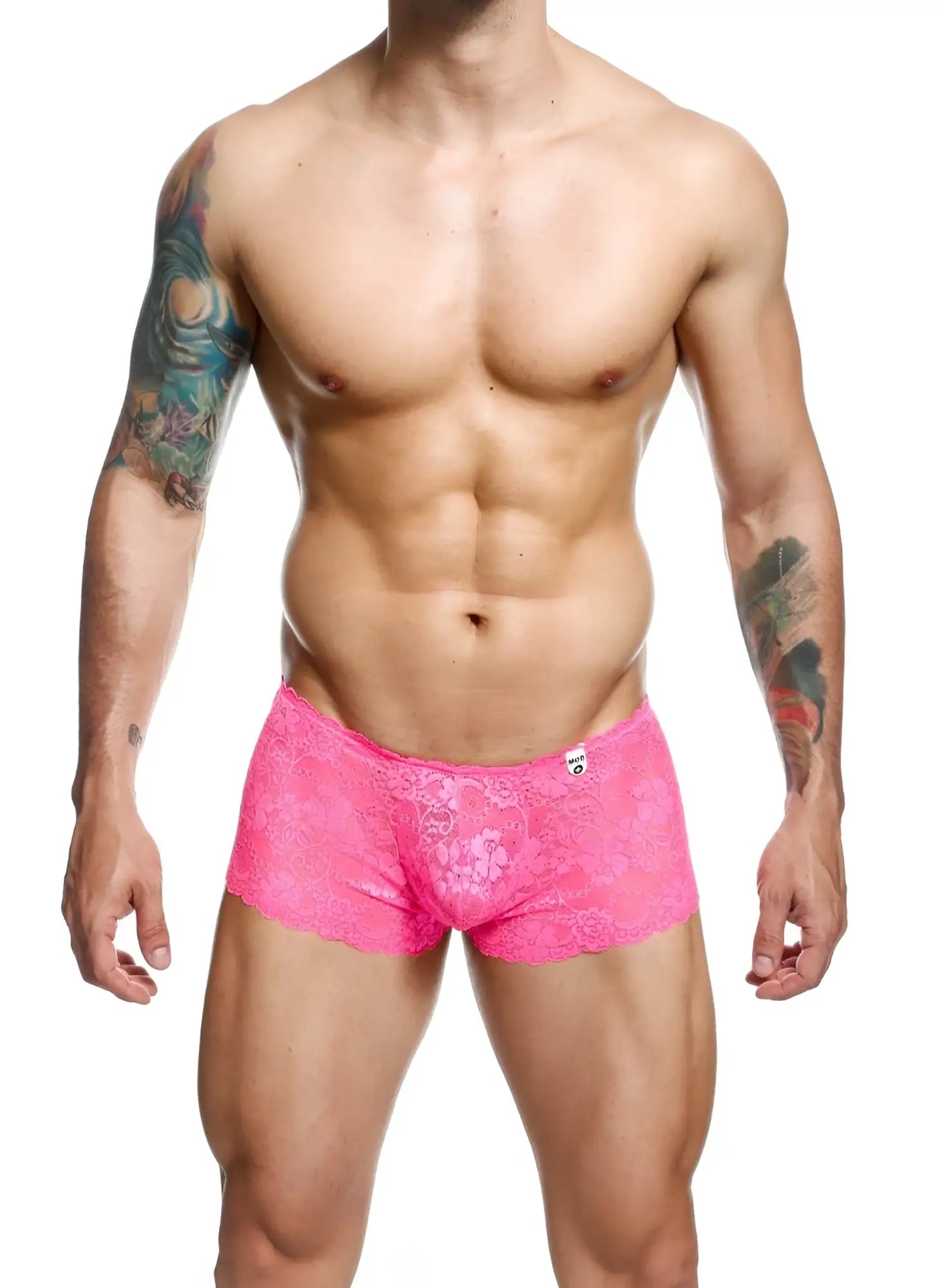 Lace boxer short in bright pink with delicate floral lace pattern and scalloped hem for comfortable wear