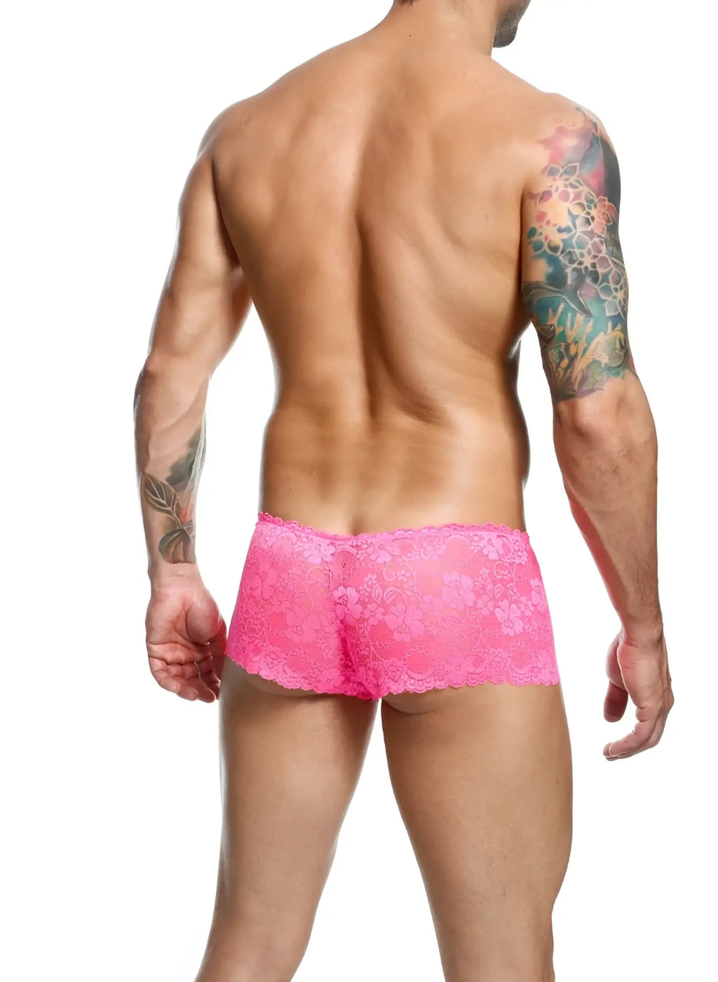 Bright pink lace boxer short briefs with floral pattern made of delicate lace material