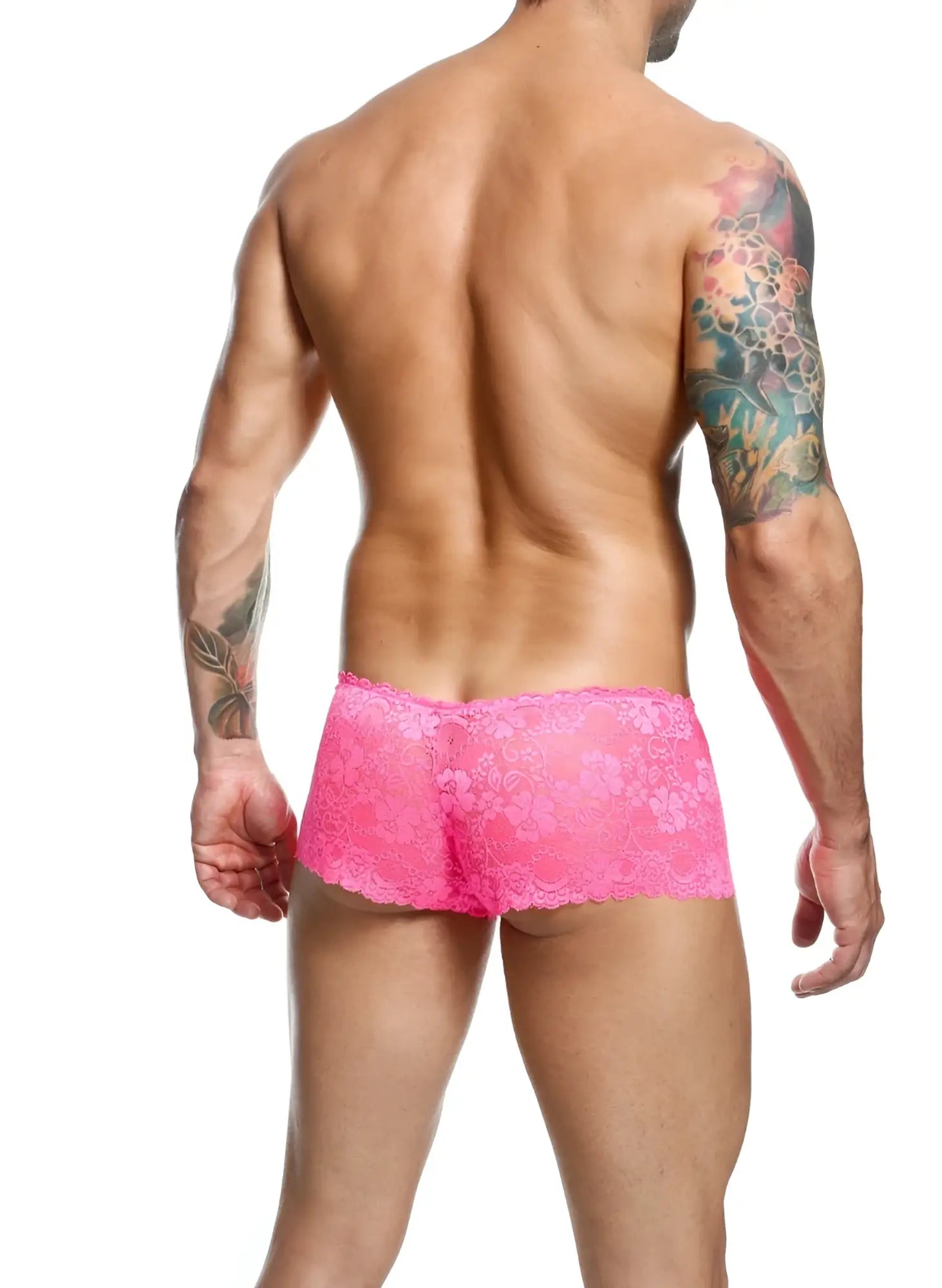 Bright pink lace boxer short briefs with floral pattern made of delicate lace material