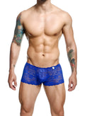 Vibrant blue lace boxer short featuring intricate floral patterns and scalloped edges for stylish comfort