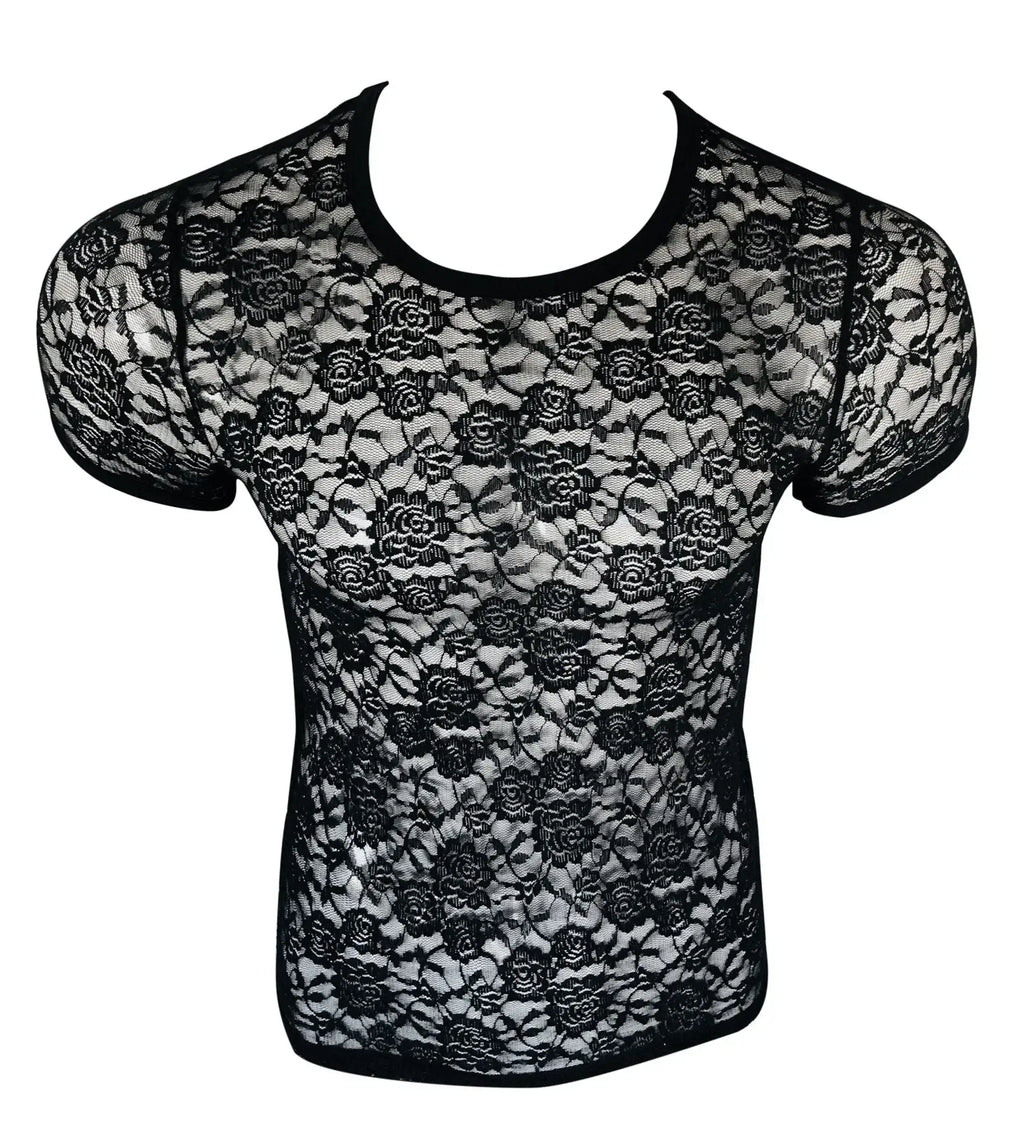 Black lace tee with floral pattern and short sleeves made from delicate lace material for stylish casual wear