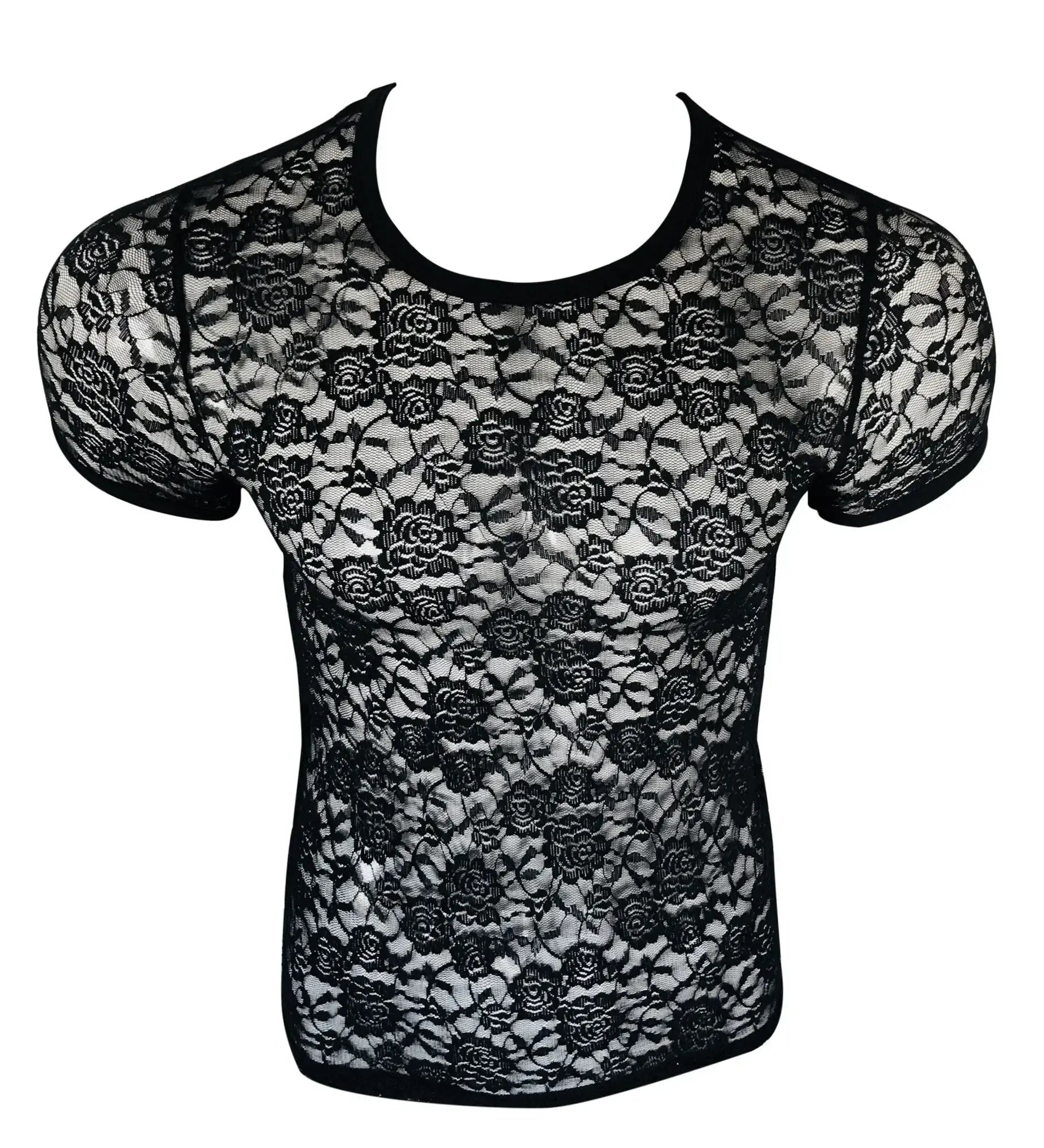 Black lace tee with floral pattern and short sleeves made from delicate lace material for stylish casual wear