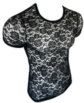Black floral lace tee with short sleeves and rounded neckline perfect for stylish casual wear
