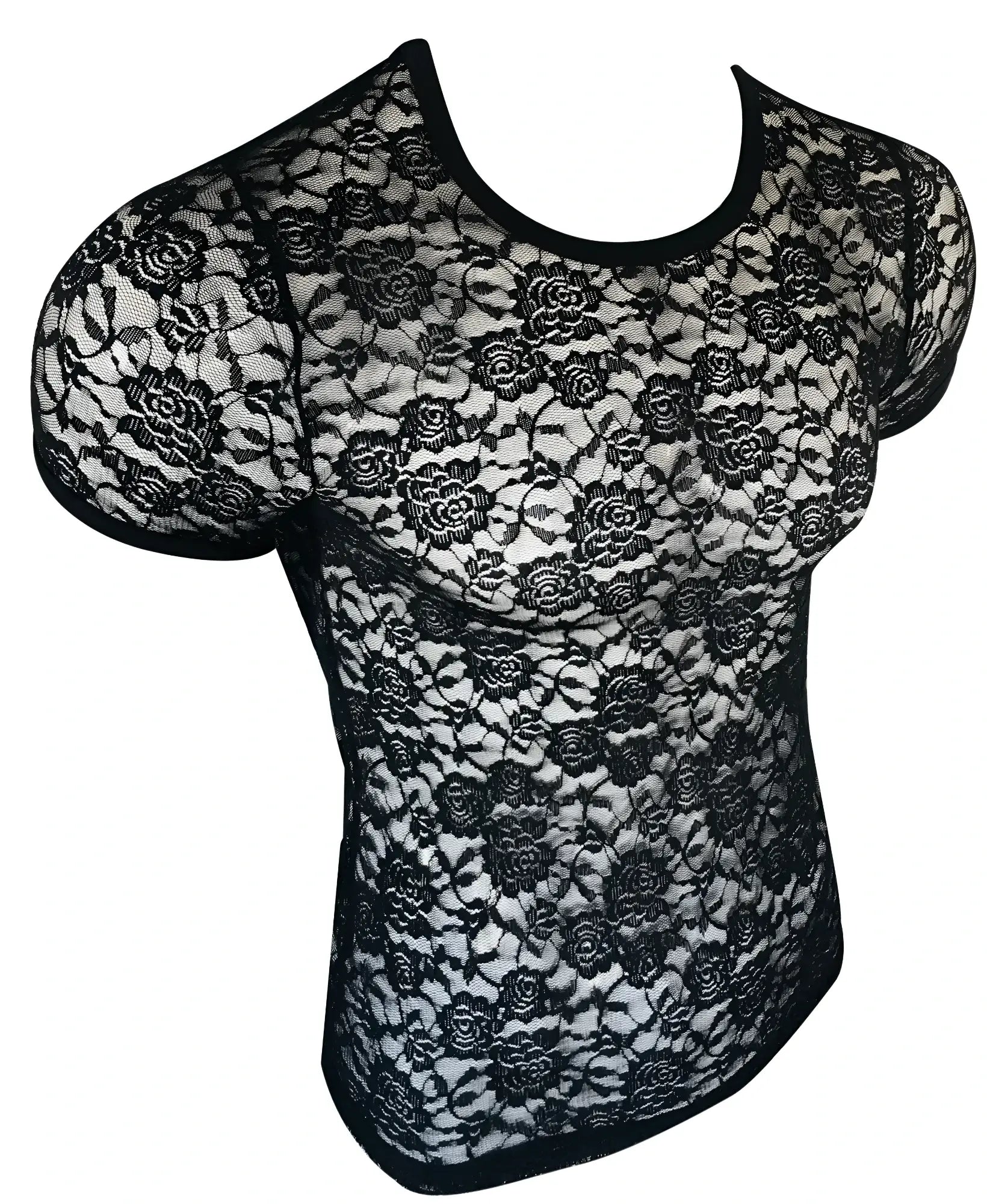 Black floral lace tee with short sleeves and rounded neckline perfect for stylish casual wear