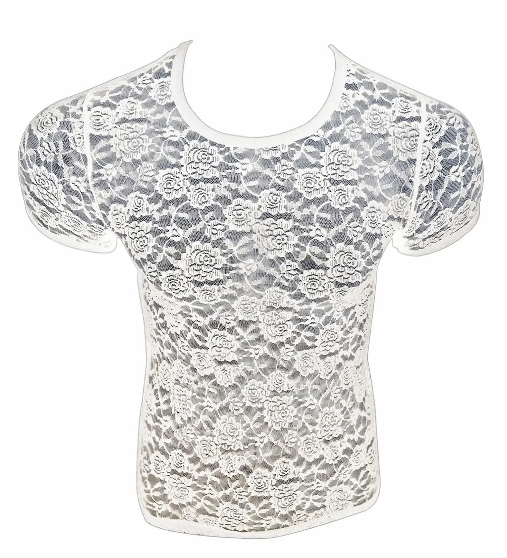White floral lace short-sleeved tee with round neckline showcasing delicate lace fabric and feminine design