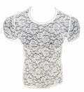 White floral lace short-sleeved tee with round neckline showcasing delicate lace fabric and feminine design