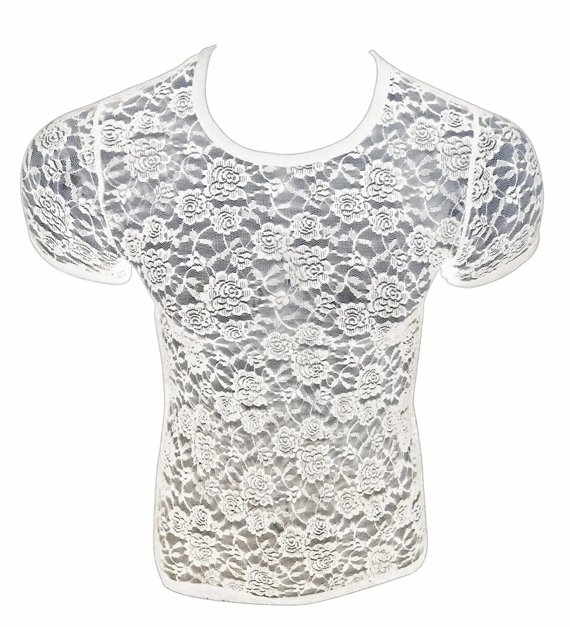 White floral lace short-sleeved tee with round neckline showcasing delicate lace fabric and feminine design