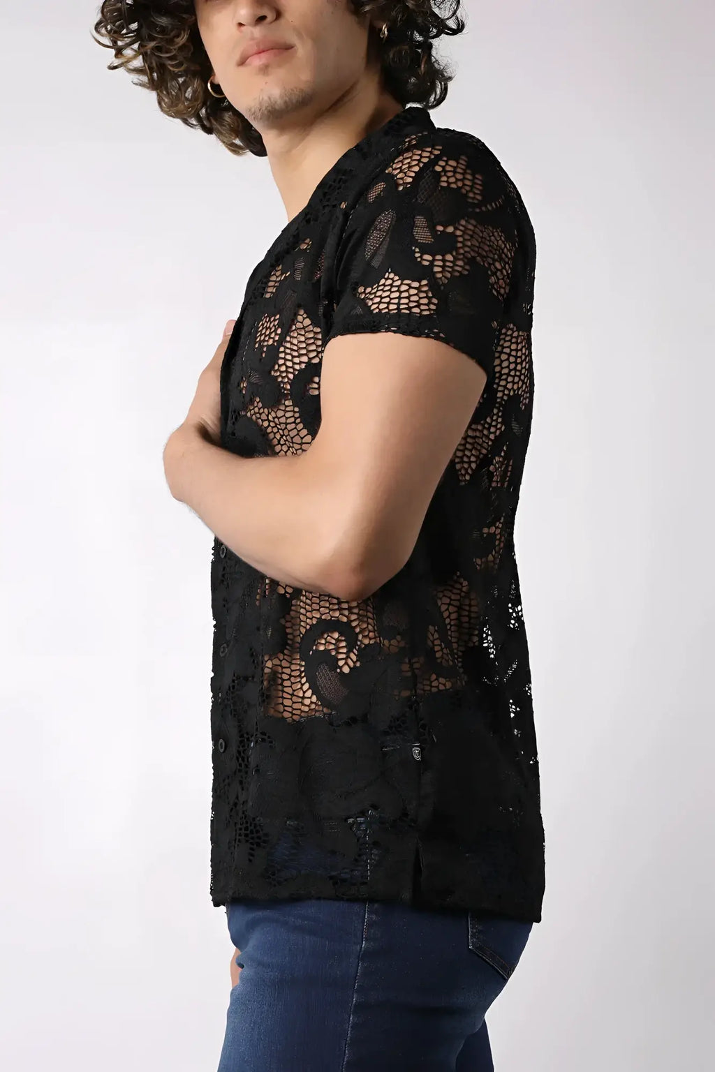 Black lace up button down mesh shirt with short sleeves and intricate floral patterns in black lace fabric