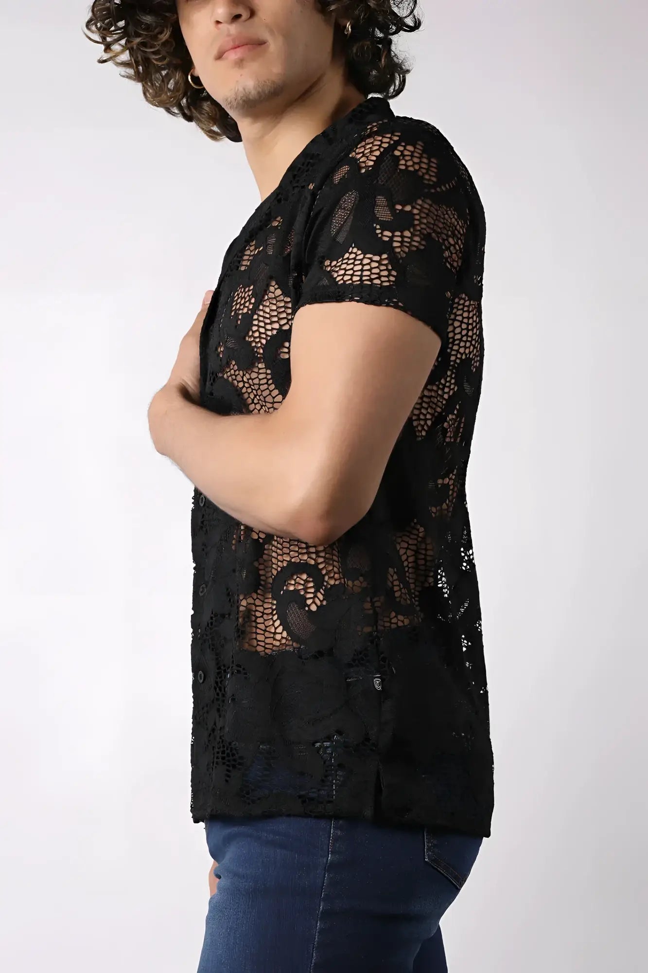 Black lace up button down mesh shirt with short sleeves and intricate floral patterns in black lace fabric